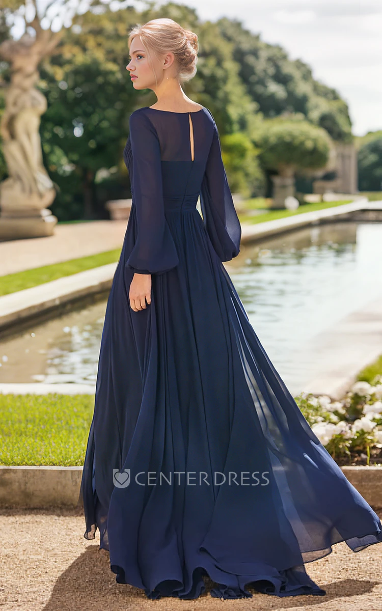 Long Sleeve Pleats V-neck A-LineVintage Elegant Chiffon Tall Woman Floor-length Prom Evening Dress with Zipper Back