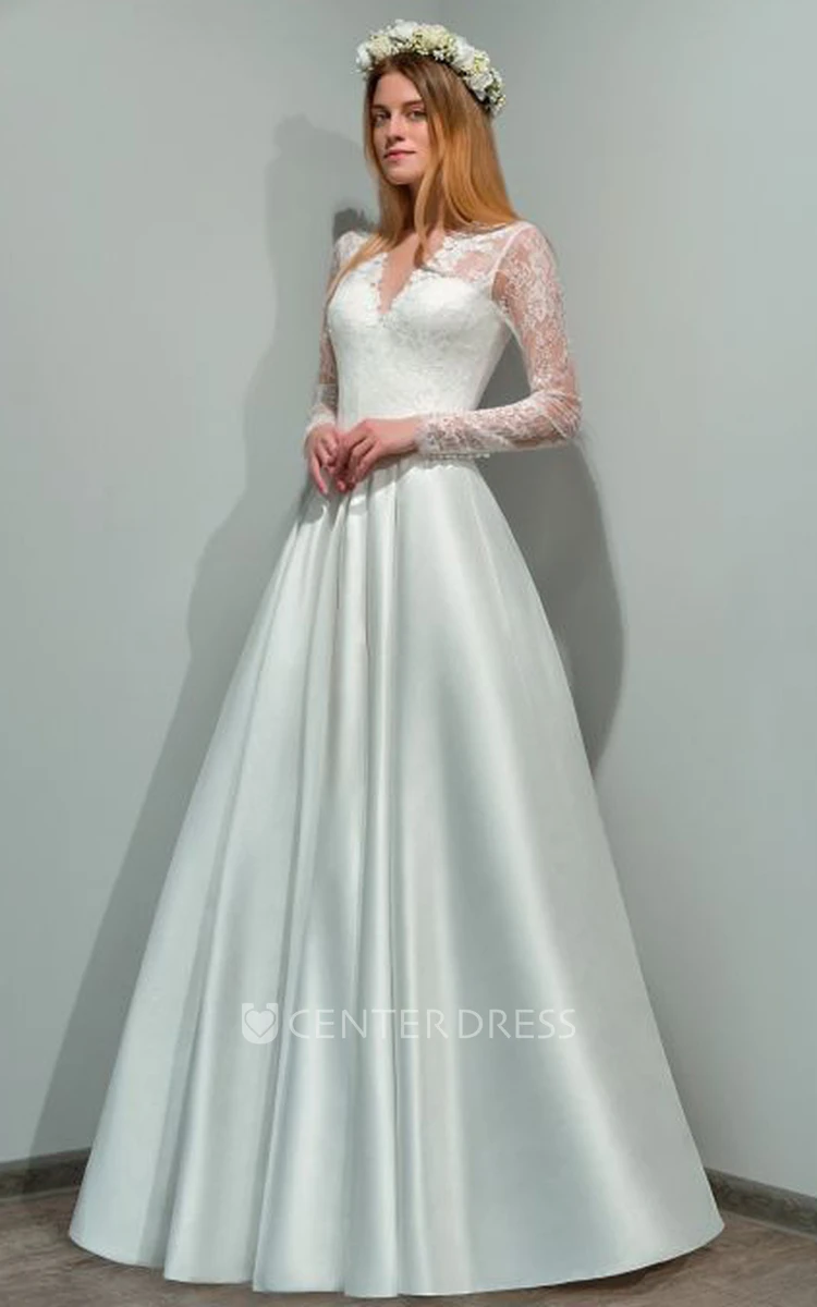 Modern A Line Long Sleeve Floor-length Satin Wedding Dress with Appliques