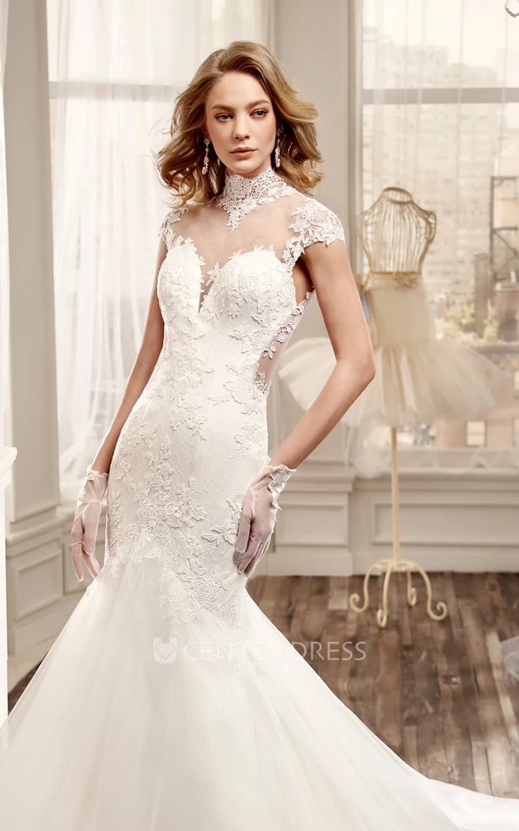 High-Neck Mermaid Wedding Dress with Illusive Back and Appliques
