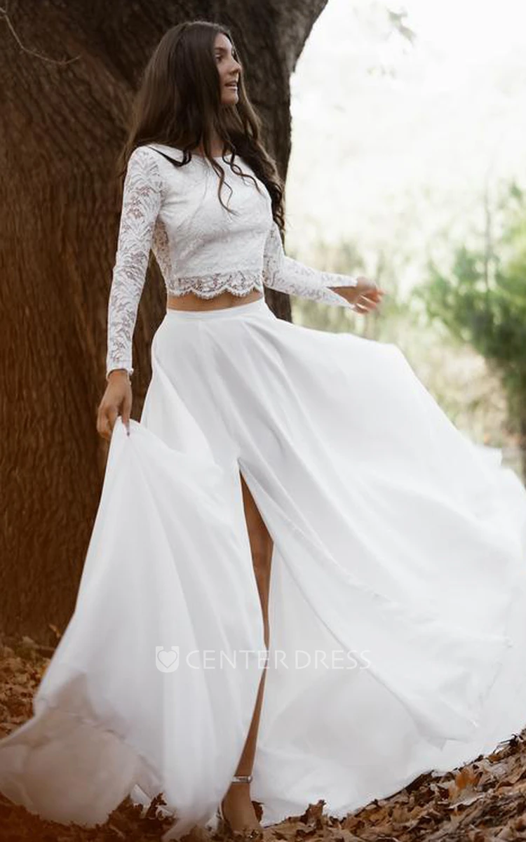 Chic Two Piece Bateau Chiffon Lace Long Sleeve Wedding Dress with Keyhole Back and Split Front