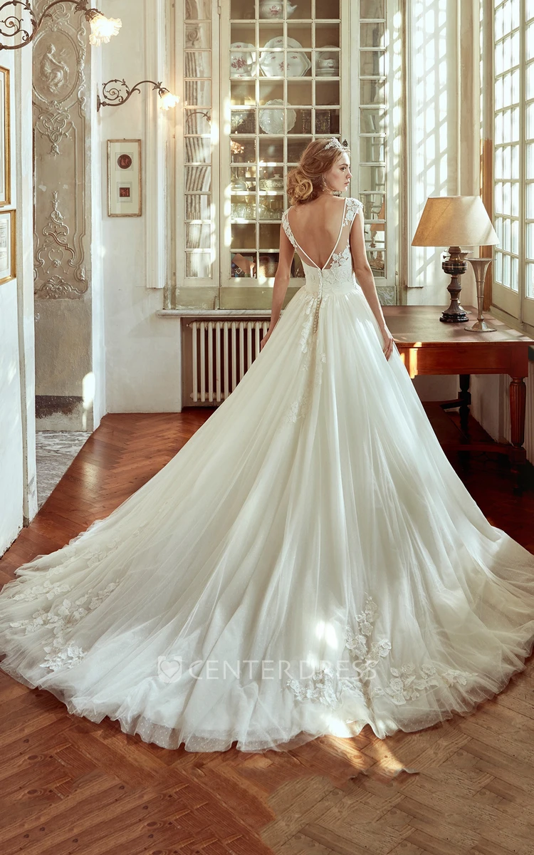 Jewel-Neck Cap-Sleeve A-Line Gown With Lace Appliques And Open Back