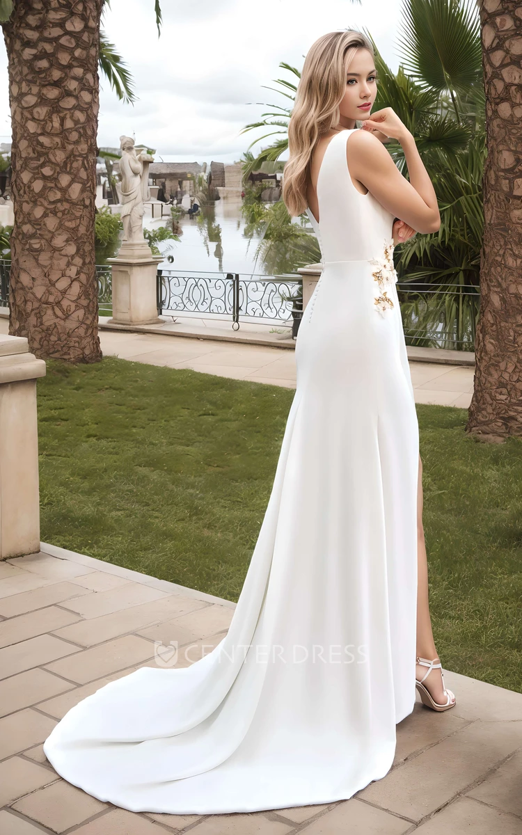 Elegant Mermaid Jewel Neck Sleeveless Plunging Neckline Satin Wedding Dress Sexy Romantic Floor-length Button Zipper Low-V Back Flowers Appliques Ruching Split Front Bridal Gown