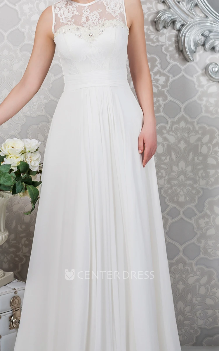 A-Line Appliqued Scoop-Neck Floor-Length Sleeveless Chiffon Wedding Dress With Pleats