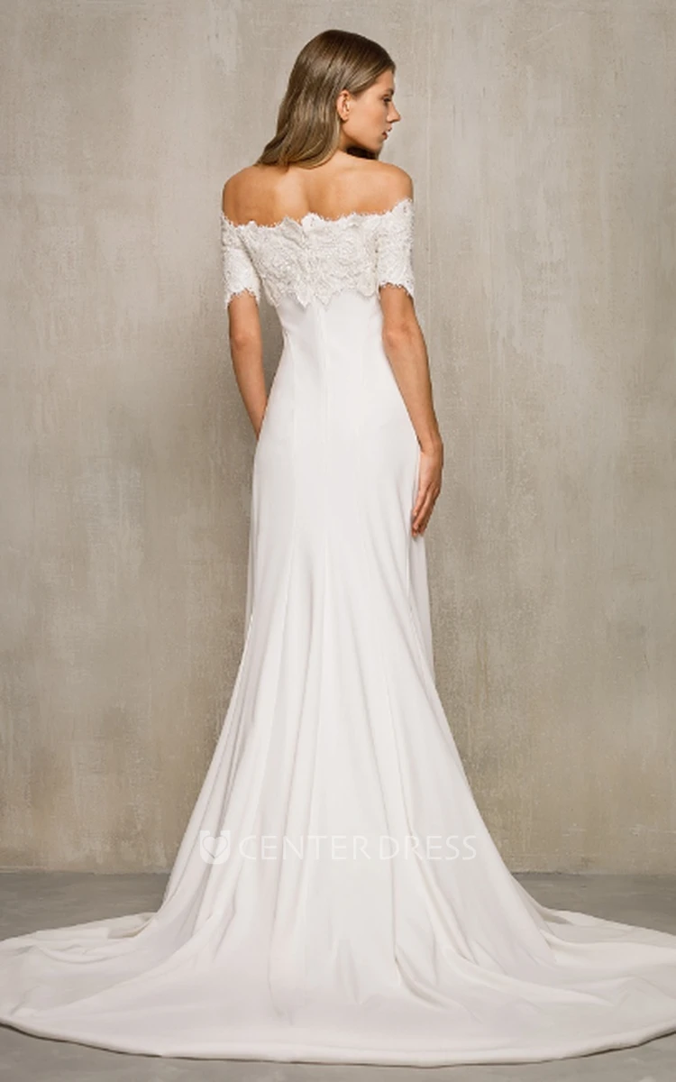 Casual Mermaid Charmeuse Off-the-shoulder Wedding Dress With Short Sleeve And Zipper Back