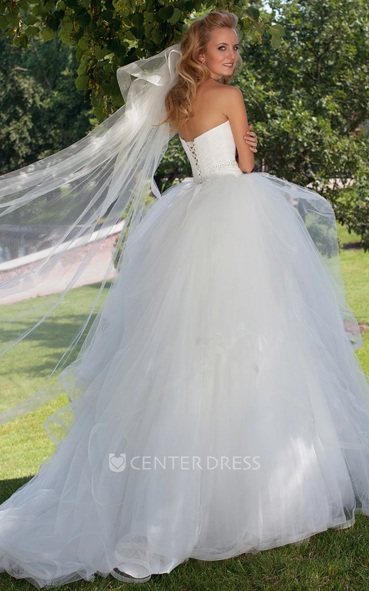 Sweetheart Floor-Length Ruffled Tulle Wedding Dress With Court Train And Lace Up