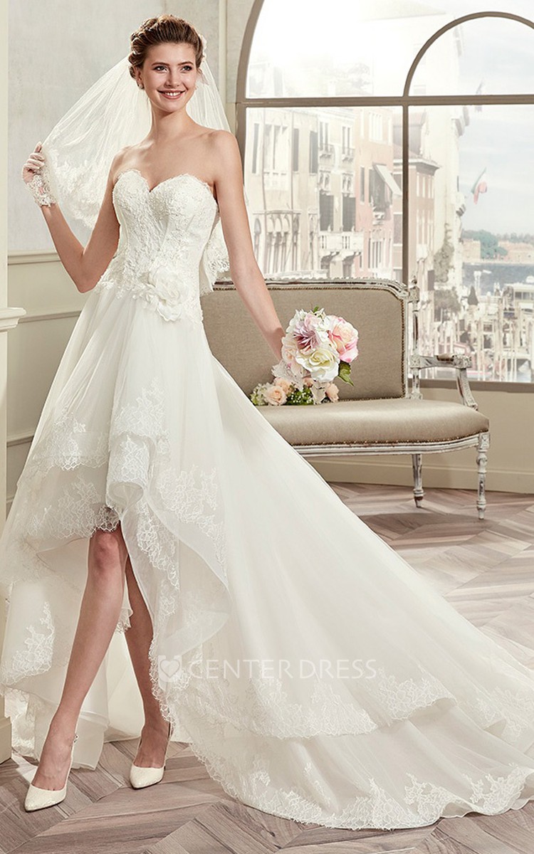 Sweetheart High low Wedding Gown With Lace Corset and Brush Train