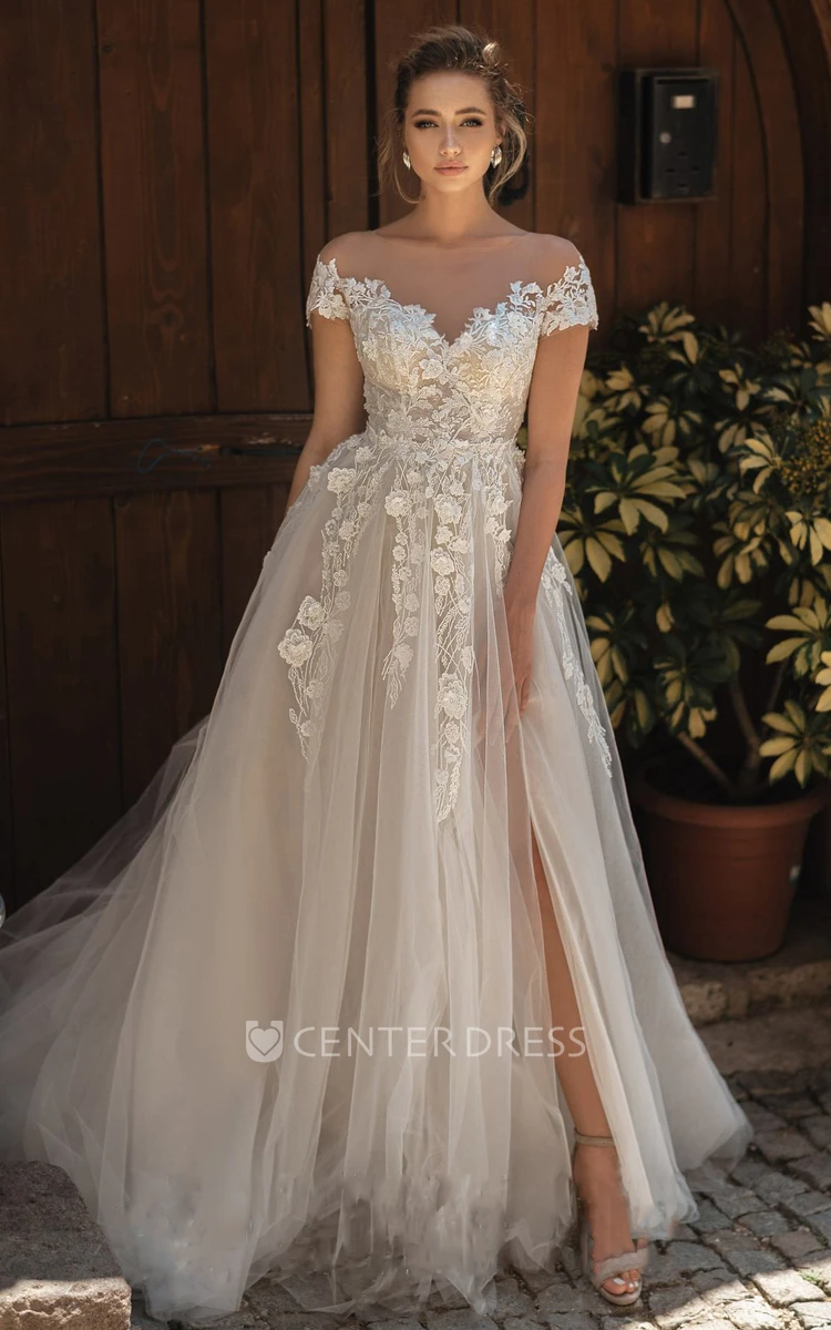 Romantic A Line Lace Off-the-shoulder Brush Train Short Sleeve Wedding Dress With Appliques