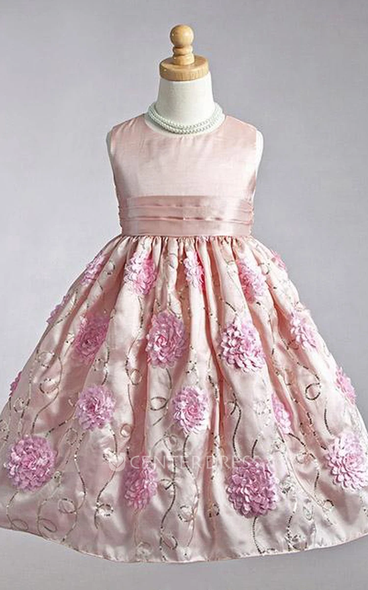 Floral Tea-Length Bowed Flower Girl Dress With Embroidery