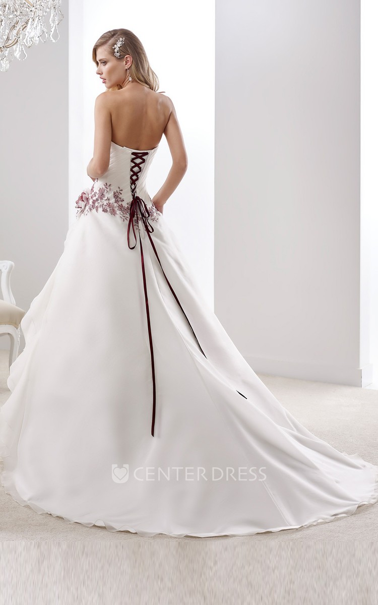 Sweetheart Pleated A-Line Floral Wedding Dress With Lace-Up Back And Side  Draping Ruffles