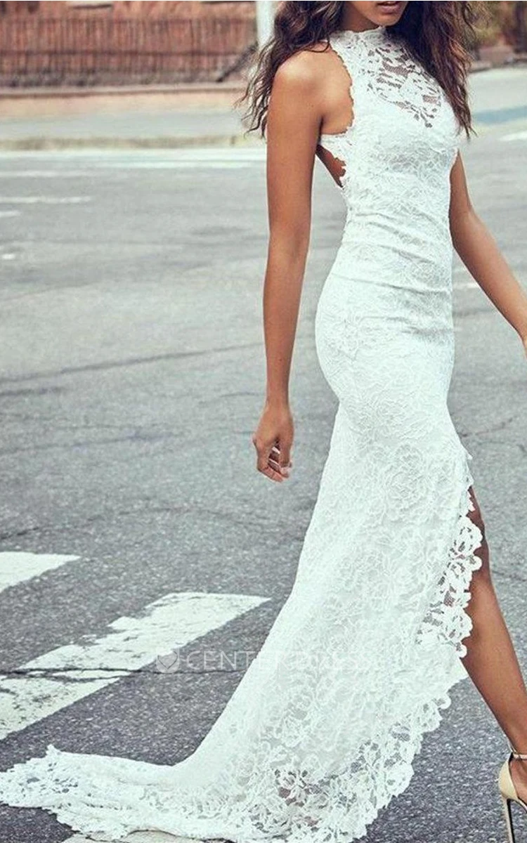 Sexy Lace Sheath Halter Sleeveless Split Front Wedding Gown with
