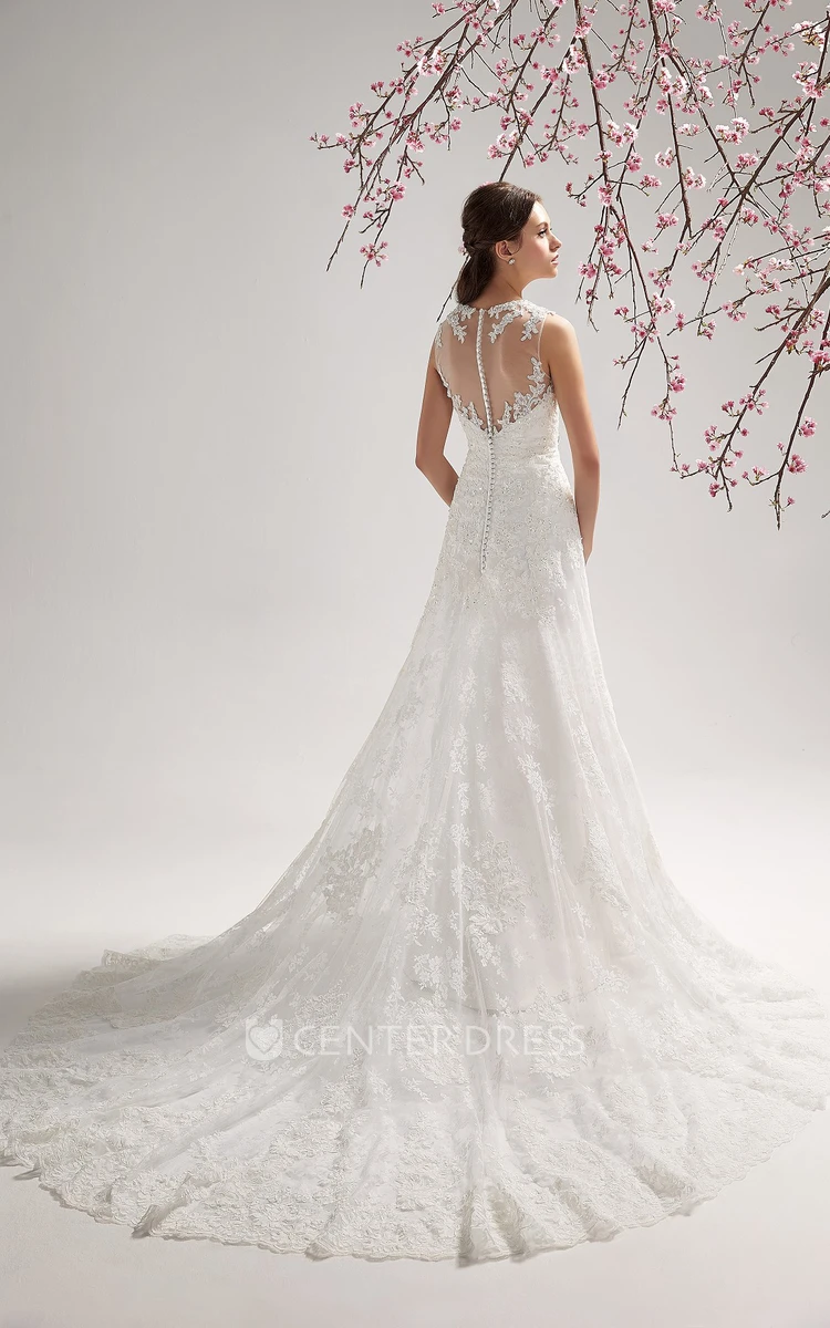 Sleeveless Long Wedding Gown with Lace Appliques and Illusion Style