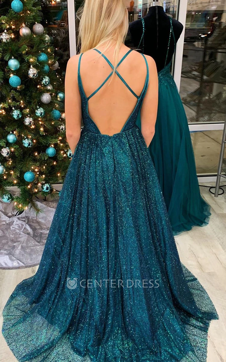 A-Line Spaghetti Simple Romantic Sequins Prom Dress With Straps Back