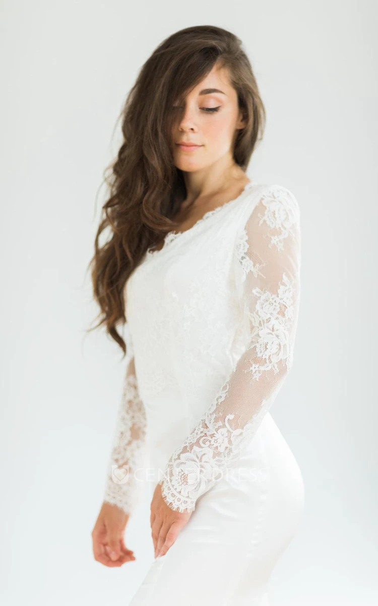 White Vintage Style Mermaid Wedding With Long Lace Sleeves Dress
