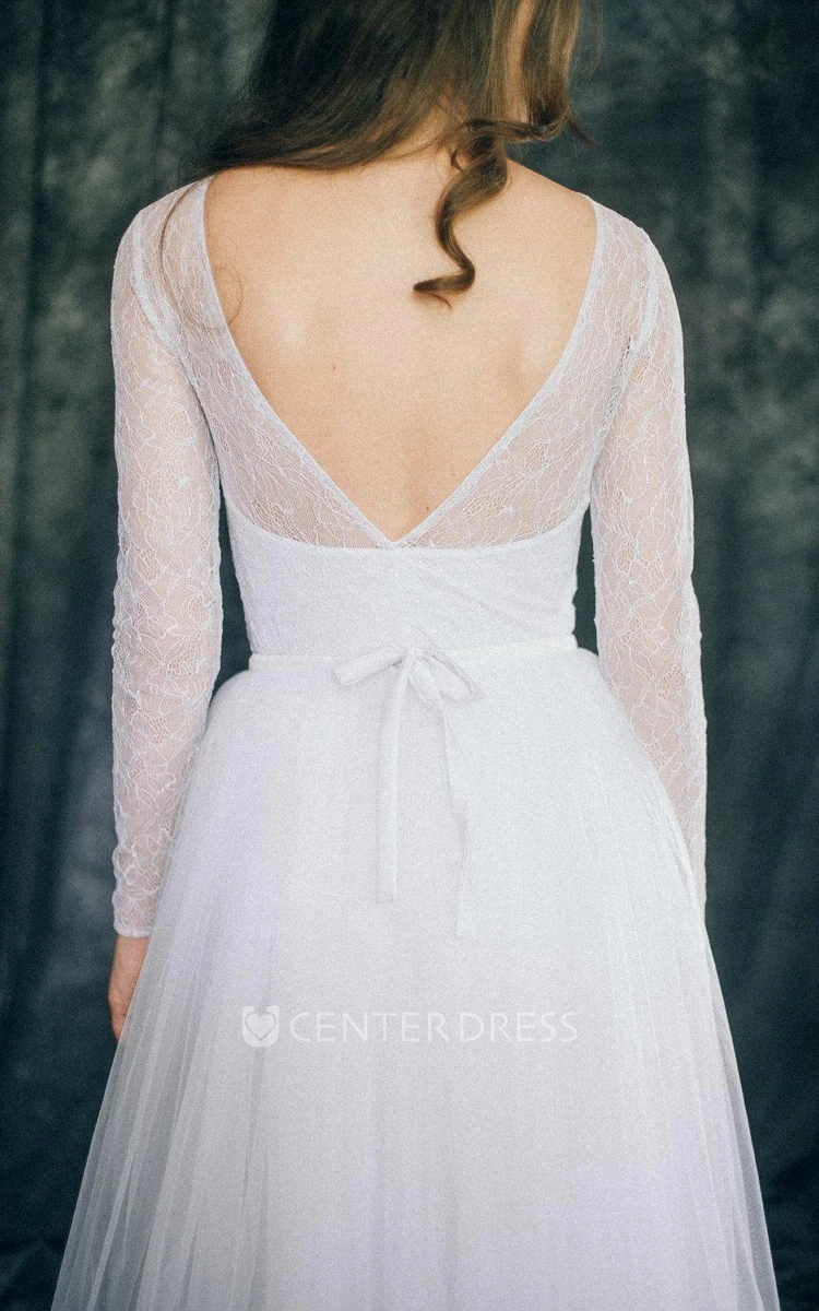 Long Sleeve Tulle Lace Satin Weddig Dress With Illusion