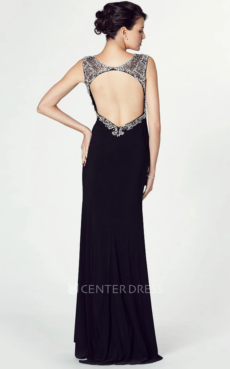 Sleeveless Beaded V-Neck Jersey Prom Dress With Split Front And Keyhole