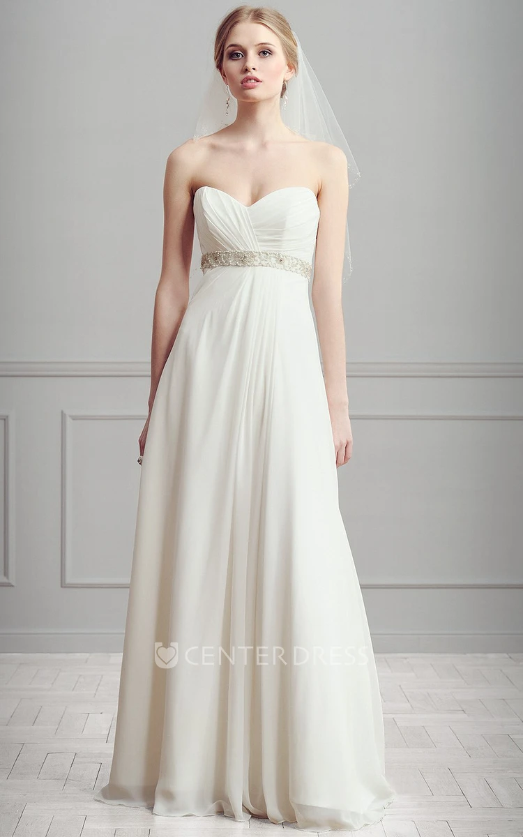 Sweetheart Long Criss-Cross Empire Sleeveless Chiffon Wedding Dress With Waist Jewellery