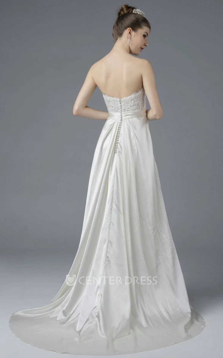 Elegant Satin Sweetheart Open Back Gown With Draping And Lace Appliques And Buttons