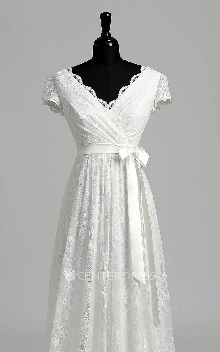 Lace A-line Scalloped V-neck Cap Illusion Short Sleeve Wedding Dress with Criss Cross and Ruching
