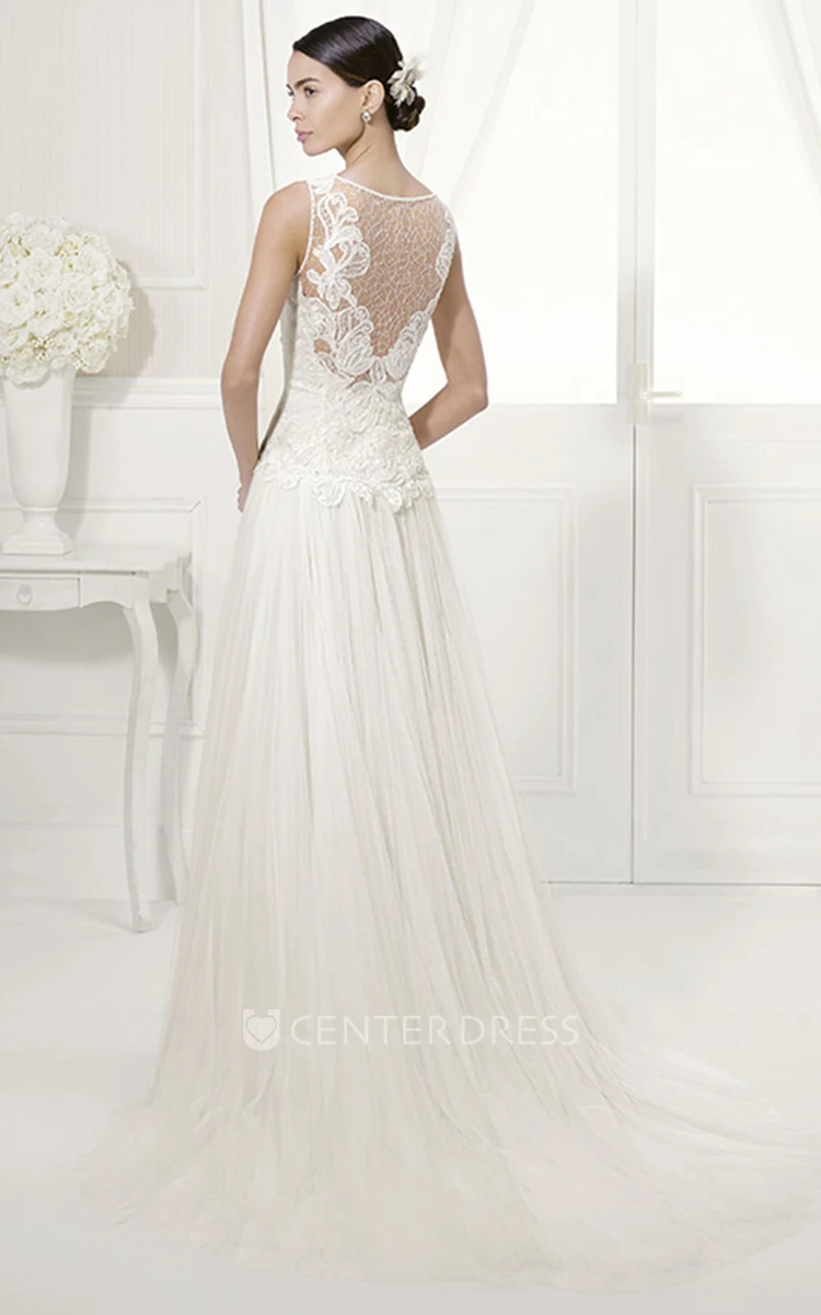 Jewel Neck Appliqued Bodice Bridal Gown With Pleated Tulle Skirt