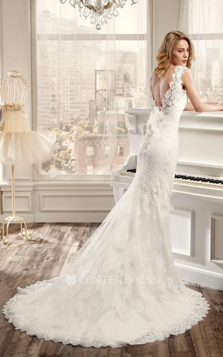 V-Neck Sheath Lace Wedding Dress With Brush Train And Open Back