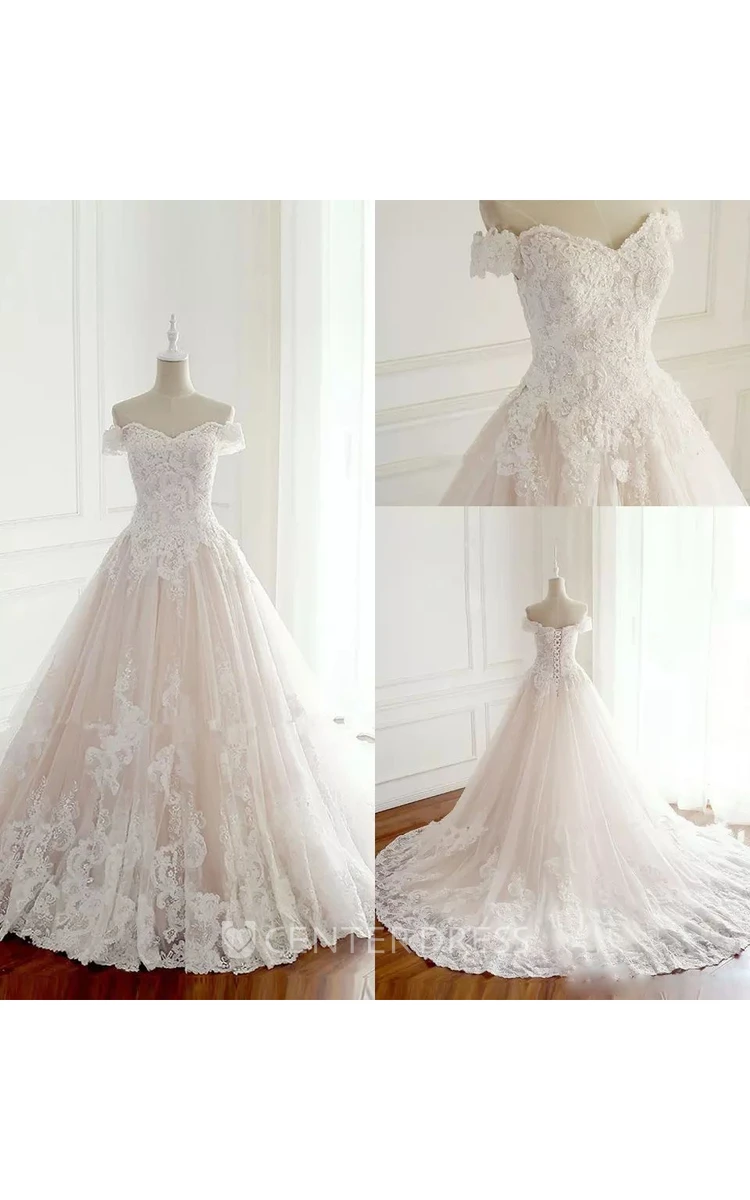 Sleeveless A-line Off-the-shoulder Floor-length Chapel Train Lace Tulle Wedding Dress with Appliques