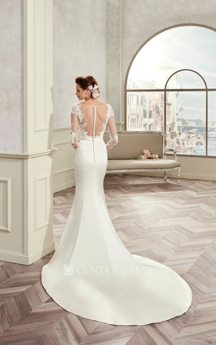 Long-Sleeve Brush-Train Sheath Bridal Gown With Lace Bodice And Satin Skirt