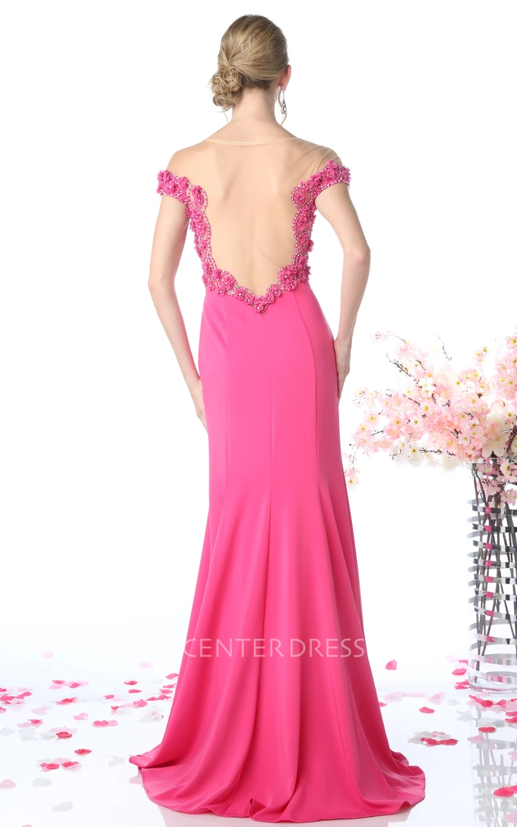 Sheath Floor-Length Off-The-Shoulder Jersey Illusion Dress With Flower