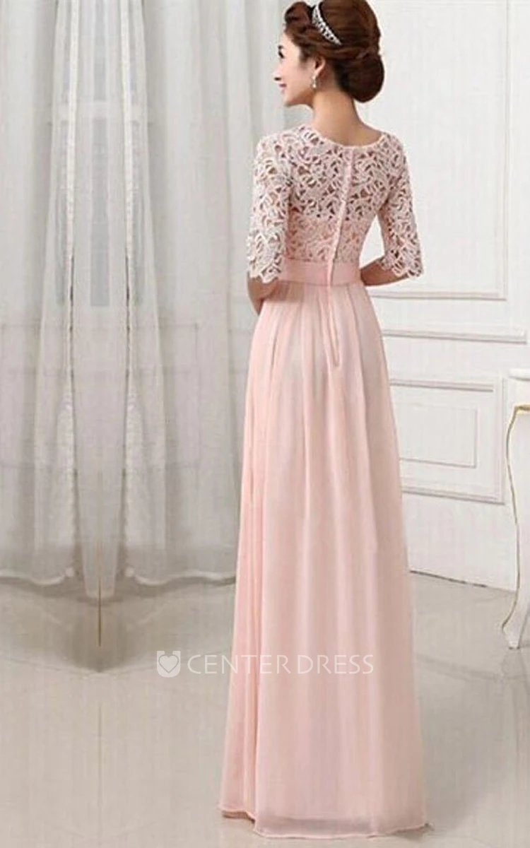 Scoop Half Sleeve Chiffon Long Bridesmaid Gown With Lace Bodice and Belt