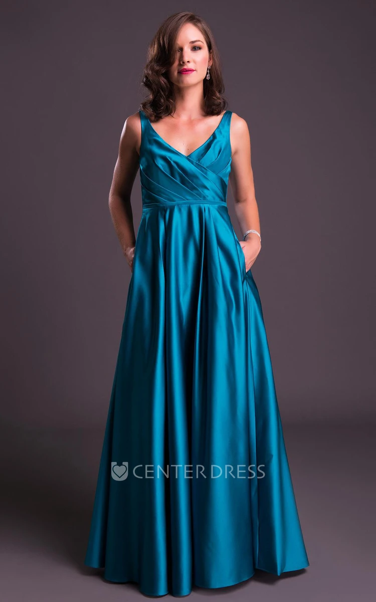 A-Line Floor-Length Sleeveless Ruched V-Neck Satin Prom Dress