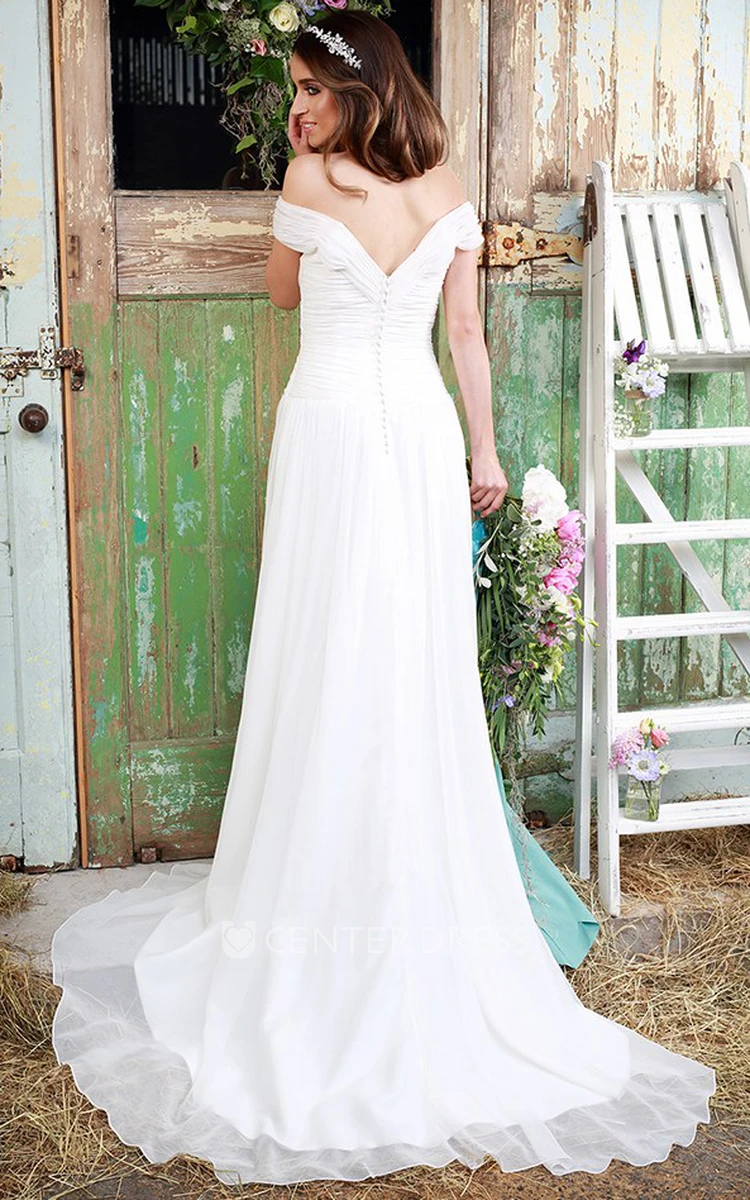 Long Off-The-Shoulder Ruched Tulle Wedding Dress
