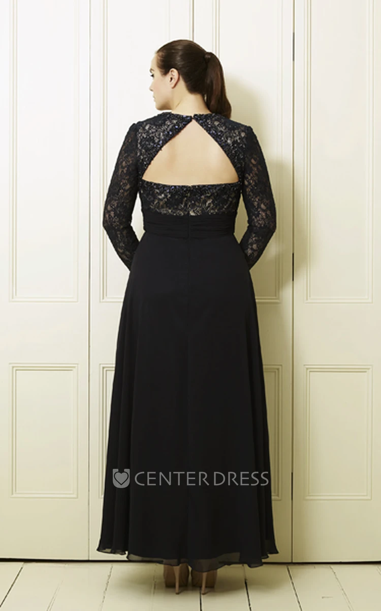 A-Line V-Neck Long-Sleeve Ankle-Length Lace&Chiffon Plus Size Prom Dress