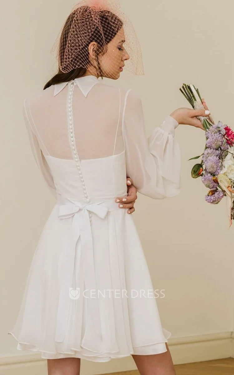 Casual Lace Short Long Sleeve A Line Jewel Wedding Dress with Bow