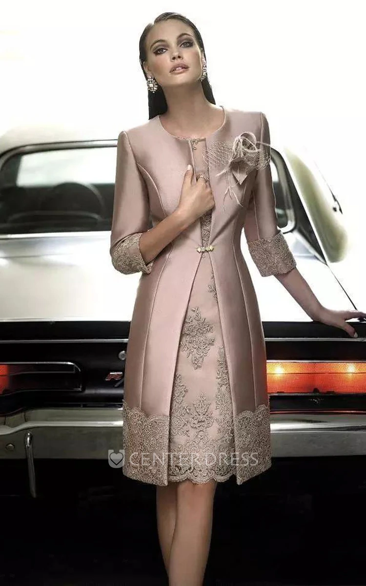 3-4 Length Sleeve A-line Jewel Knee-length Satin Mother of the Bride Dress with Appliques