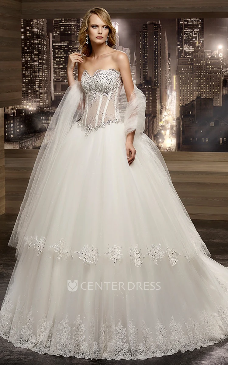 Sweetheart V waist A line Wedding Dress with Beaded Illusion Corset and Tier