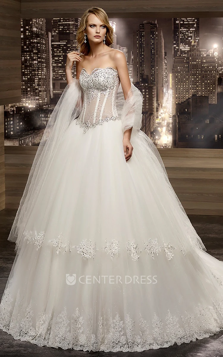 Sweetheart V-waist A-line Wedding Dress with Beaded Illusion