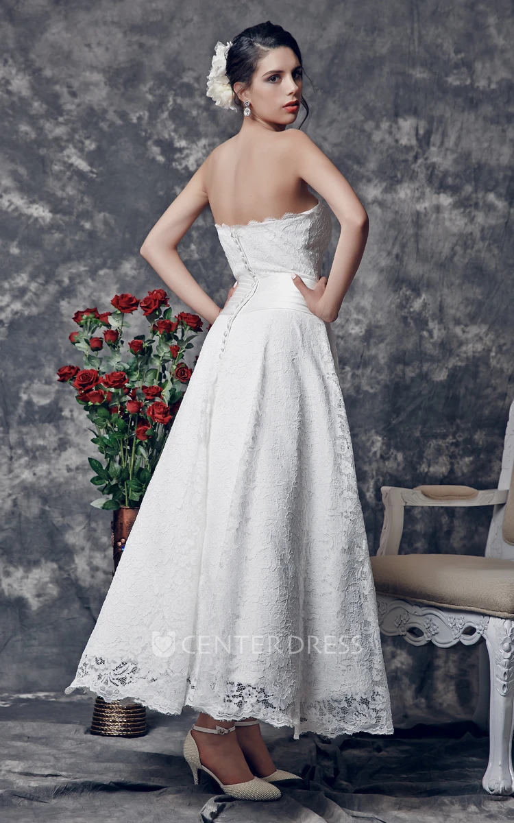 Elegant Strapless Ankle Length Lace Wedding Dress With Flower