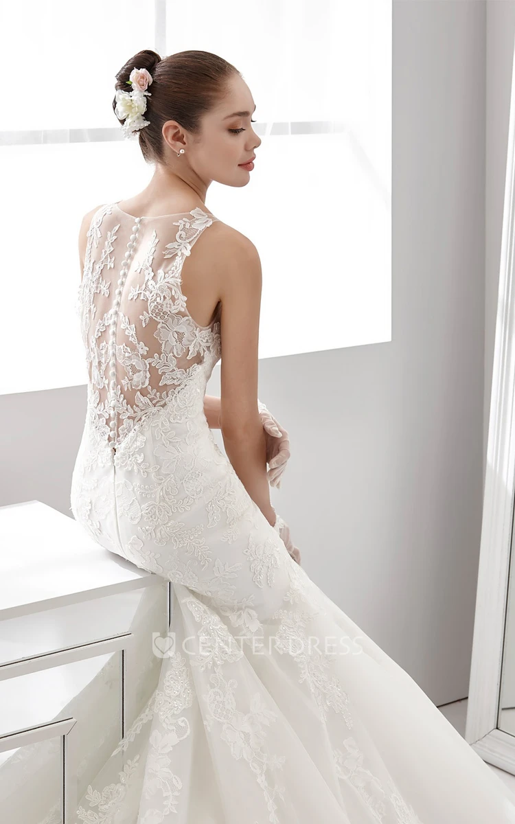 V-Neck Lace Mermaid Lace Gown With Illusive Lace And Brush Train