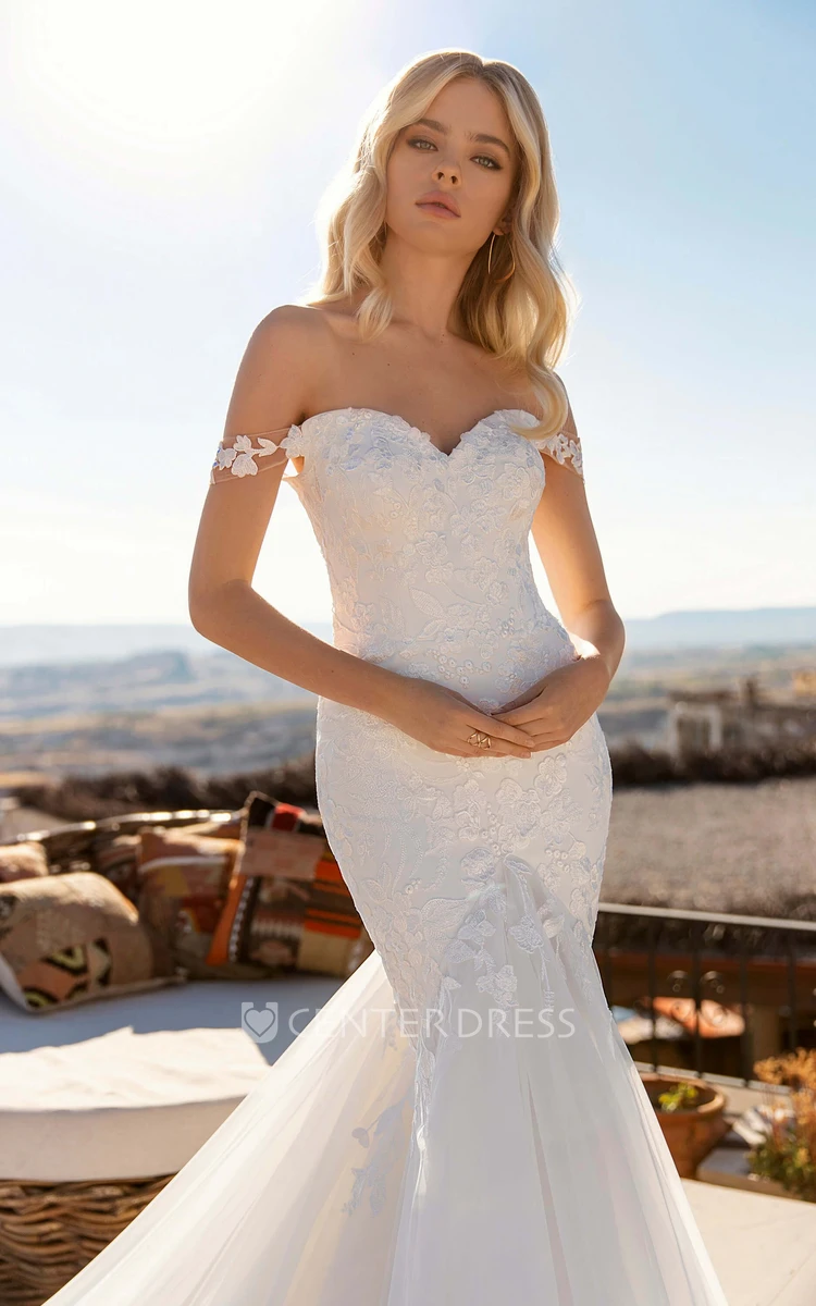 Lace Tulle Corset Back With Chapel Train Off-the-shoulder Sexy Mermaid Bridal Gown
