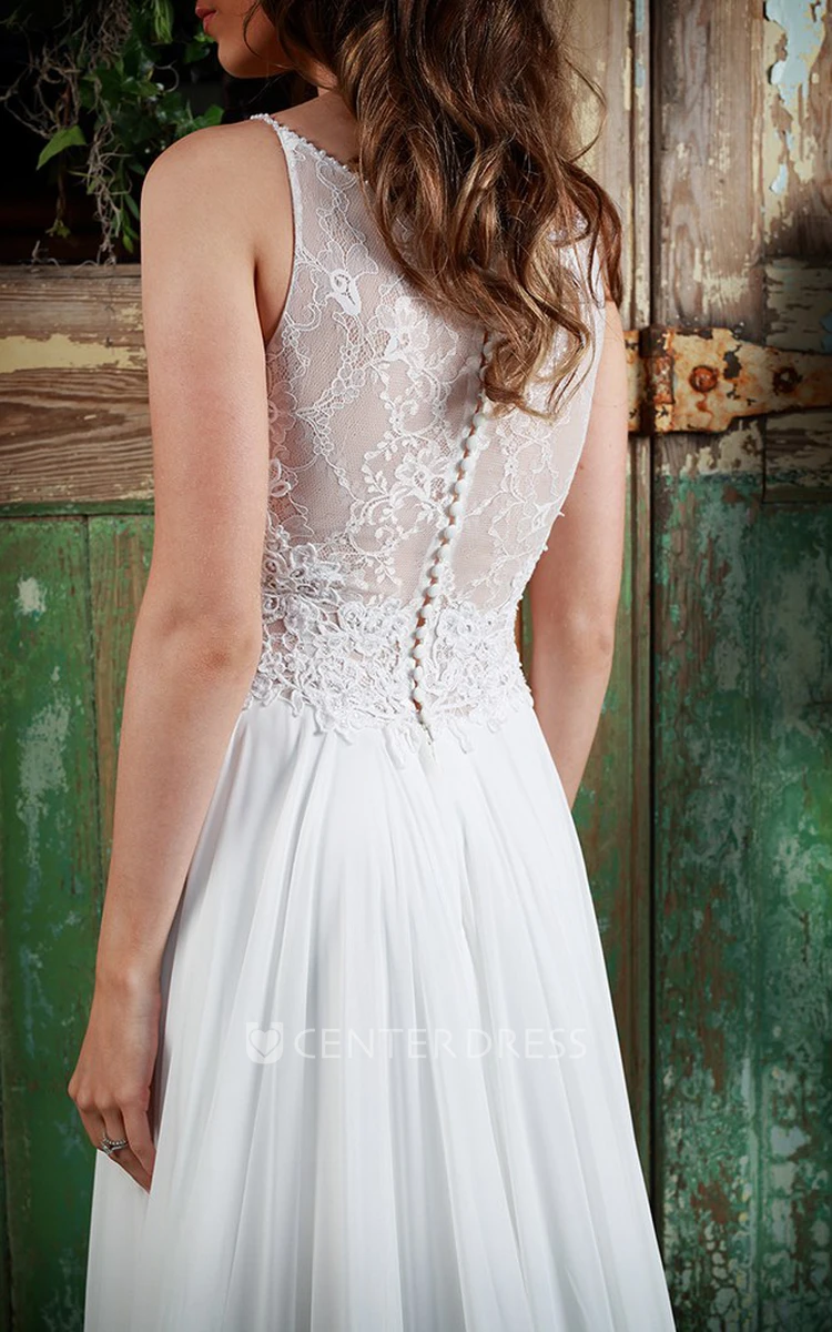 Pleated Spaghetti Long Chiffon Wedding Dress With Appliques And Illusion