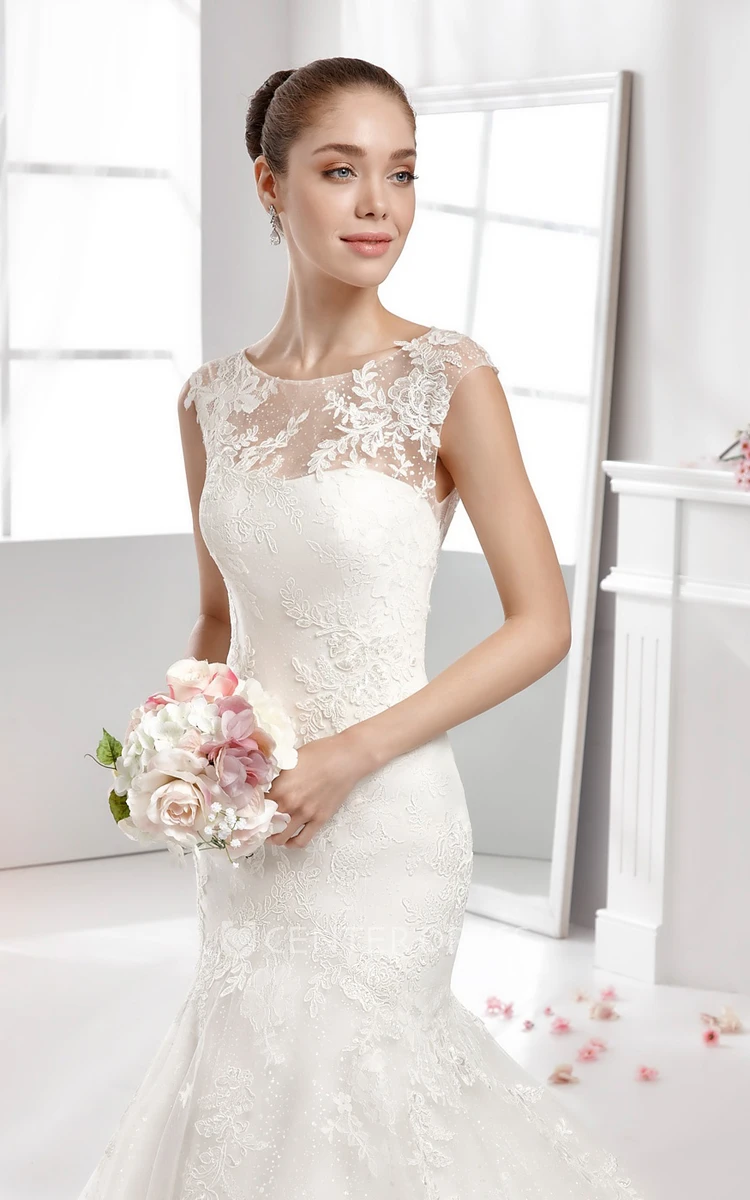 Jewel-Neck Mermaid Lace-Applique Gown With Illusive Neckline And Pleated Train