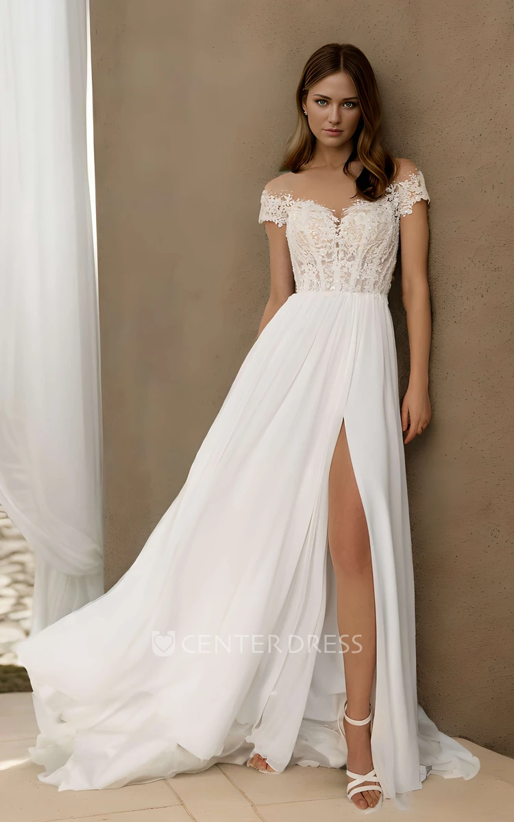 Elegant Flowy A-Line Lace off the Shoulder Boho Wedding Dress Modern Floral Lace Chiffon Bridal Gown