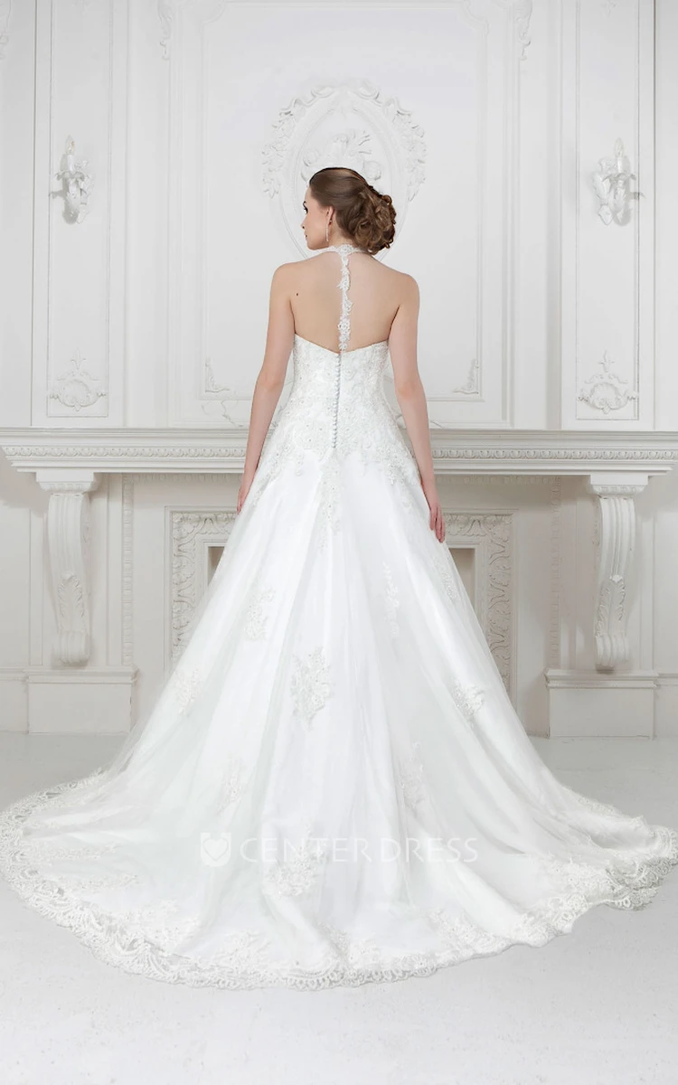 A-Line Floor-Length Spaghetti Appliqued Lace&Satin Wedding Dress