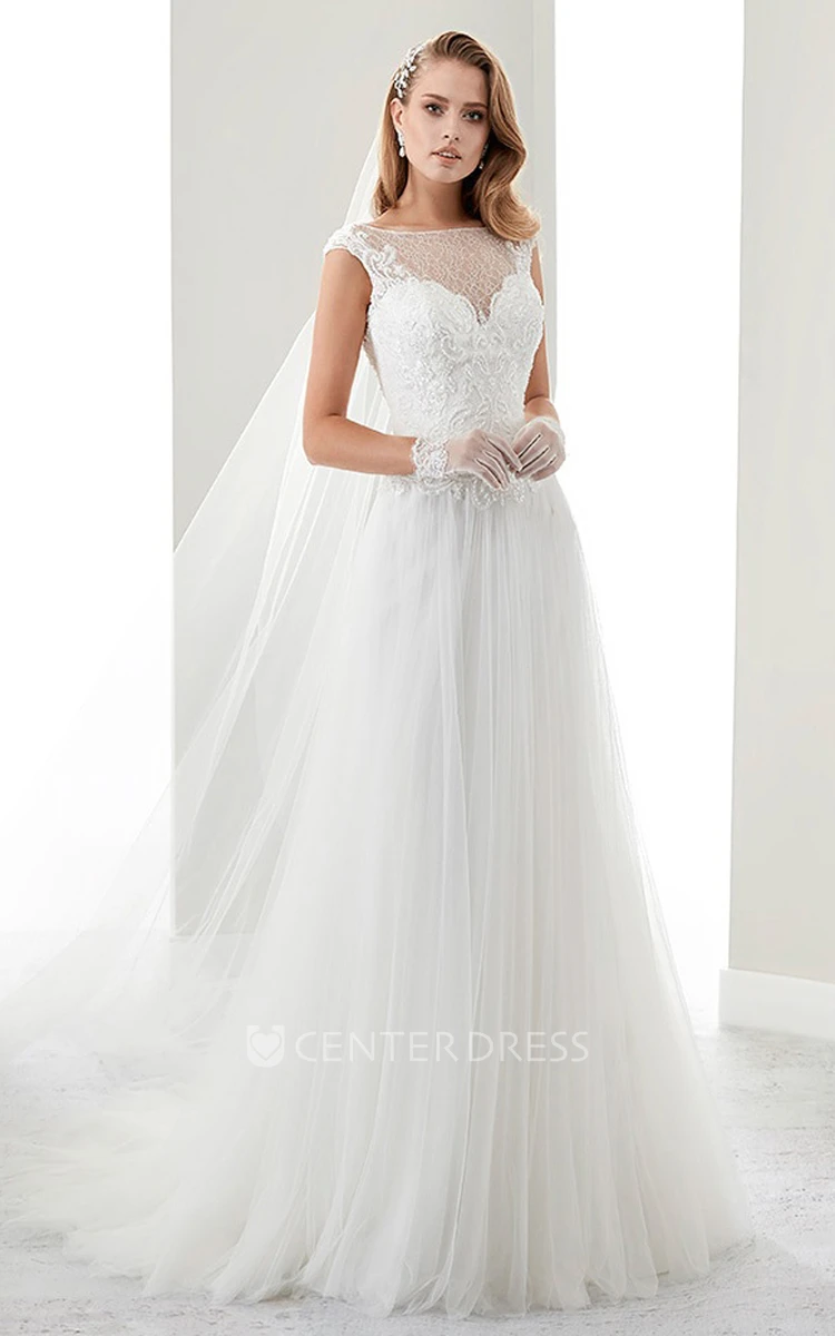 Cap Sleeve Illusion Draping Bridal Gown With Lace Bodice And Open Back
