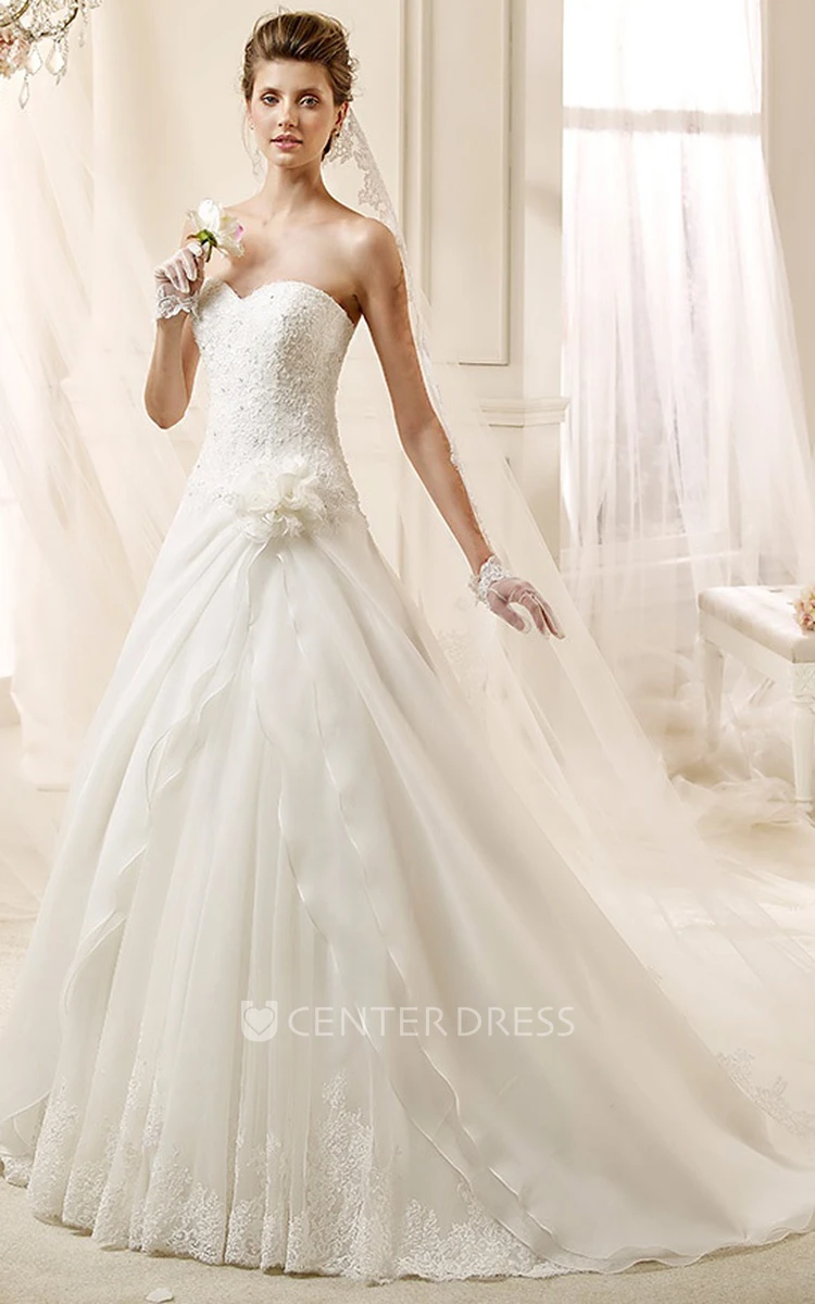 Sweetheart A-line Flower wedding Gown with Asymmetrical Ruching and Brush Train