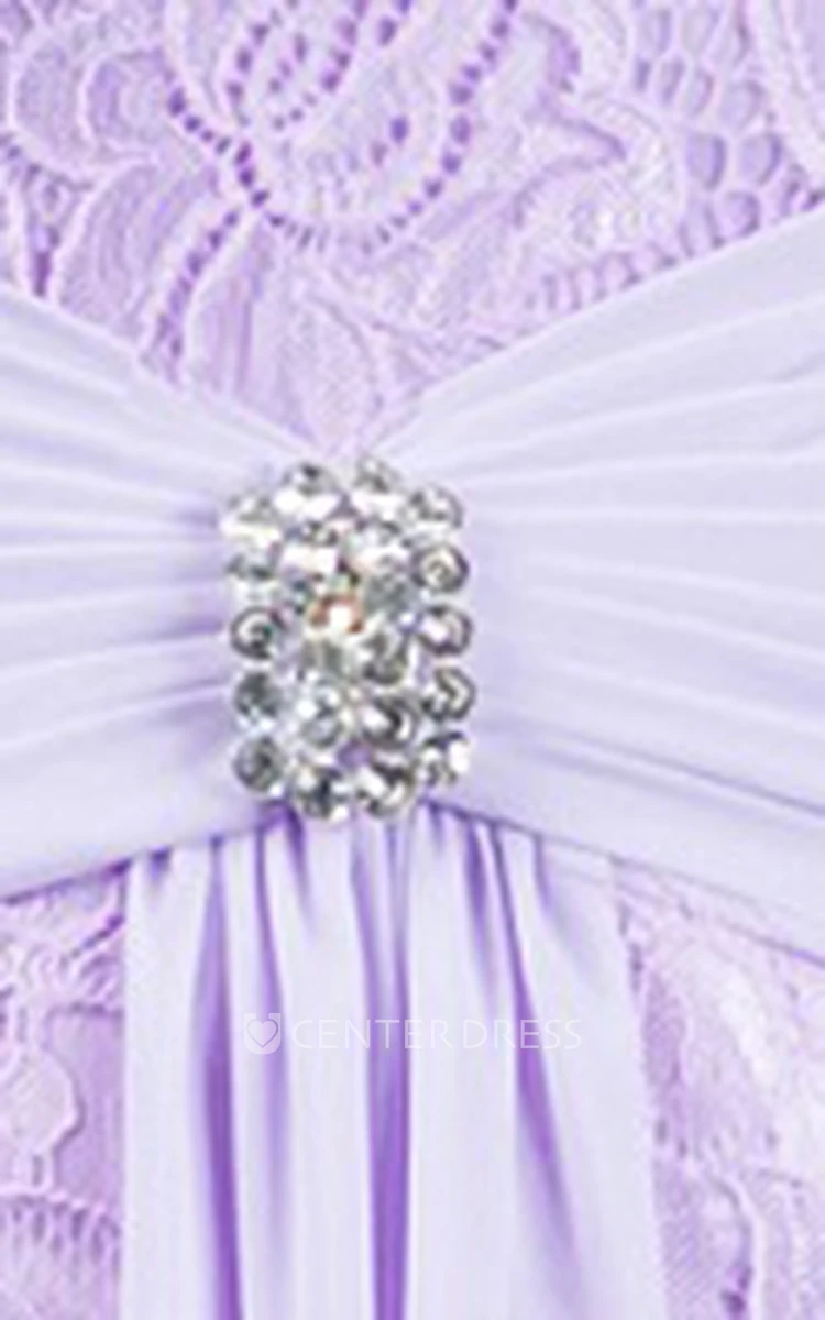V Neck Sheath Lace Long Bridesmaid Dress With Crystal Waist Knot
