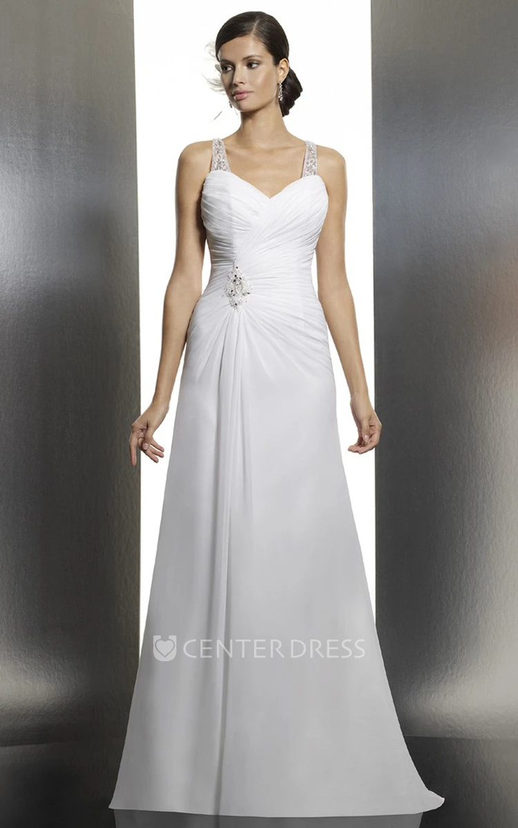 A-Line Maxi Strapless Ruched Sleeveless Chiffon Wedding Dress With Sweep Train