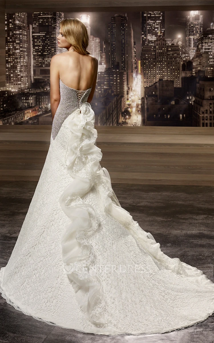 Sweetheart Half-Beaded Wedding Gown with Ruffles Train and Lace-up Back