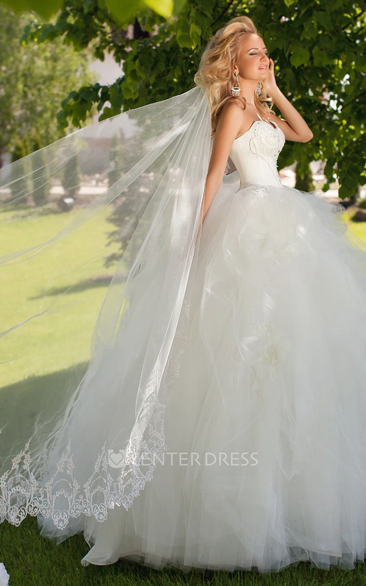 Floor-Length Sweetheart Beaded Tulle Wedding Dress With Ruffles And Lace Up