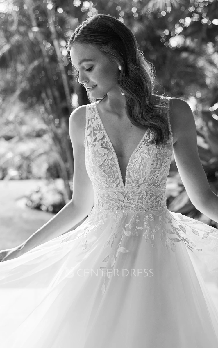 Lace A-Line Wedding Dress with V-Neck & Deep-V Back Appliques Elegant & Chic