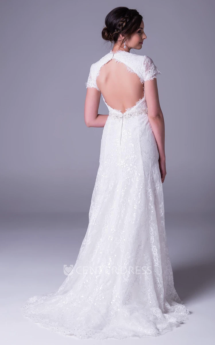 Sheath Short-Sleeve Scoop-Neck Lace Wedding Dress With Waist Jewellery And Keyhole